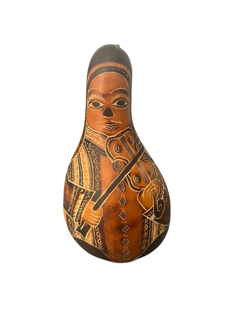 Vintage Peruvian Folk Art Gourd Playing Violin Hand Carved Musician